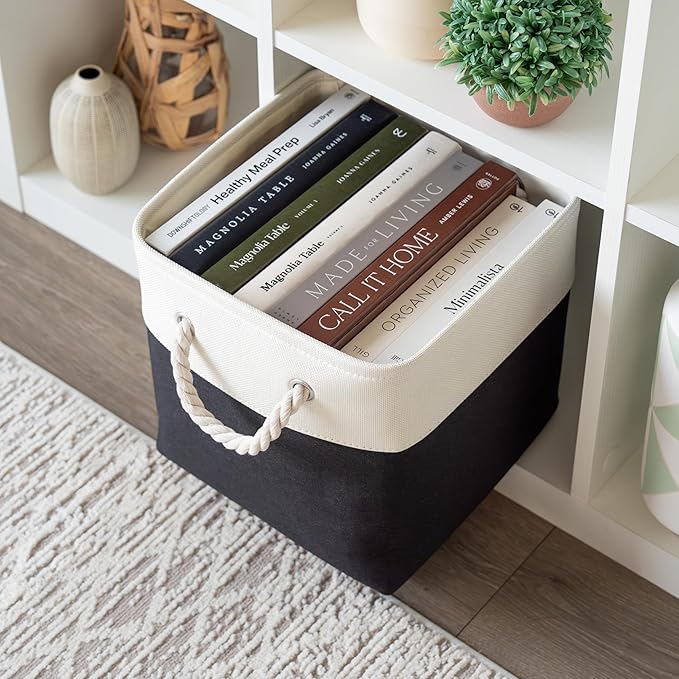 OrganiHaus 11x11 Cube Storage Bins 4 Pack, Foldable Cube Storage Organizer w/ Rope Handles, Collapsible Fabric Bins for Toys, Clothes & Closet Organization, Fabric Square Baskets - Black/White-Ruum Studio Home