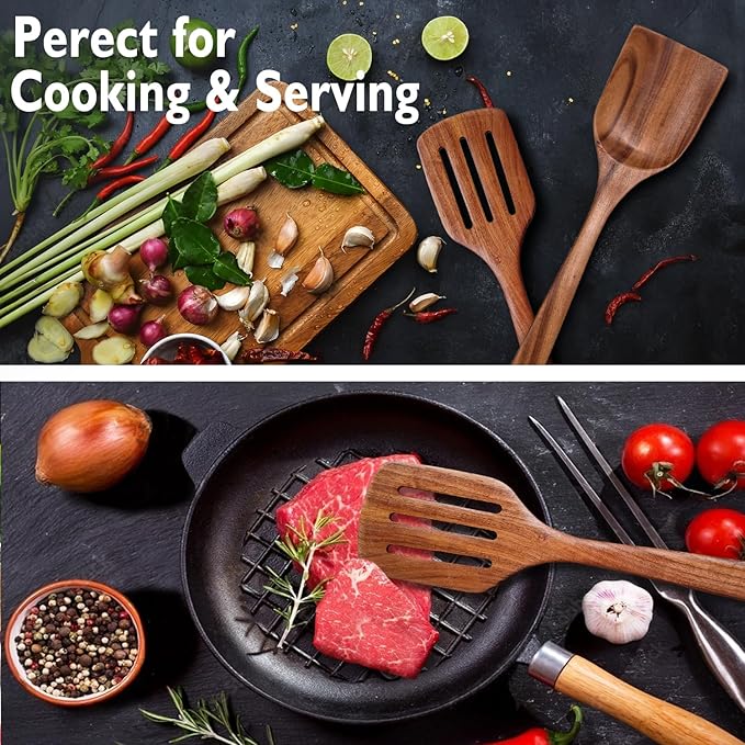Wooden Spatulas for Cooking Non-Stick Kitchen Pan Toolset 2 PCS Set, Natural Teak Kitchen Utensils,Smooth Finish Utensils Fried Spatula,Turner Non-Stick Wooden Cooking Utensils-Ruum Studio Home