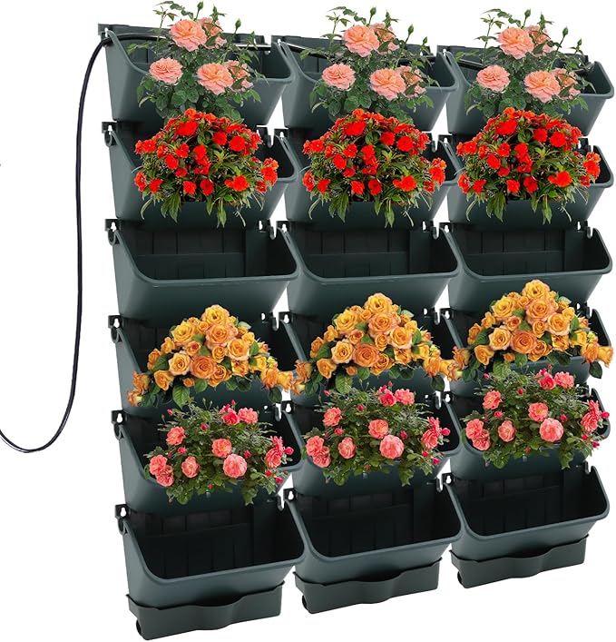 18 Pots Self-Watering Wall-Mounted Planter, 39.4”L x 39.4”H Vertical Wall Planter Self Watering Stackable Planters Vertical Garden Wall Garden Planter Outdoor Indoor for Herbs Flowers Strawberries-Ruum Studio Home