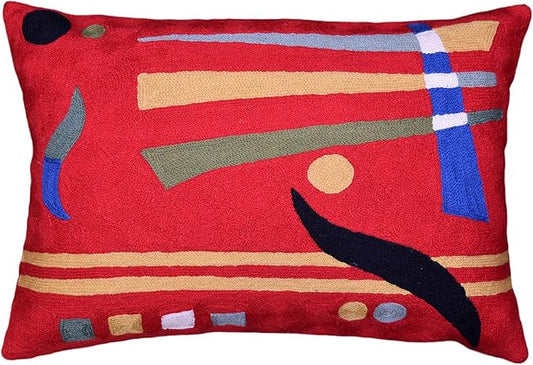 Lumbar Kandinsky Red Abstract Pillow Cover Modern Throw Pillowcase Chair Cushion Contemporary Farmhouse Pillowsham Couch Handembroidered Wool Size 14x20-Ruum Studio Home
