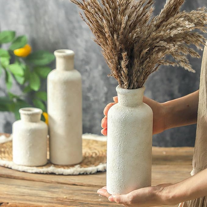 Ceramic Vases Set of 3, Whitewashed Neutral Flower Vases Home Decor, Pottery Rustic Farmhouse Decorative Vases Modern Decor for Table Mantel Entryway Bookshelf Living Room Kitchen Bedroom-Ruum Studio Home