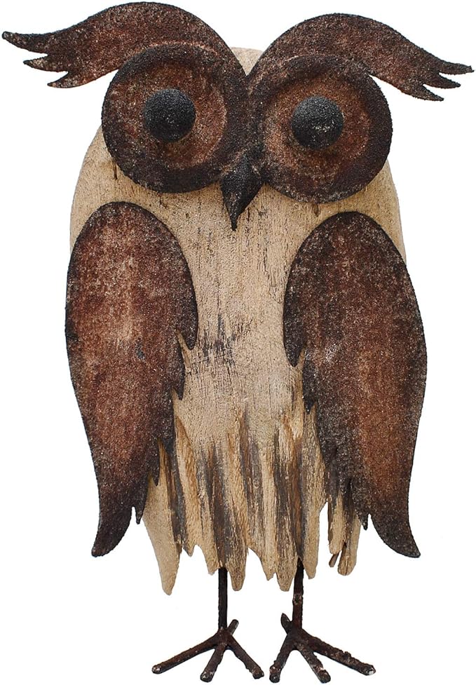 E-View Rustic Owl Figurine - Wood & Iron - Collectible - Home Decor - Brown-Ruum Studio Home