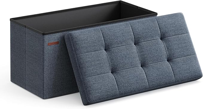 SONGMICS Mazie Collection - 30 Inches Folding Storage Ottoman Bench, Ottoman Foot Rest, End of Bed Bench, Storage Chest, Load 660 lb, for Living Room, Bedroom, Entryway, Misty Blue ULSF047Q01-Ruum Studio Home