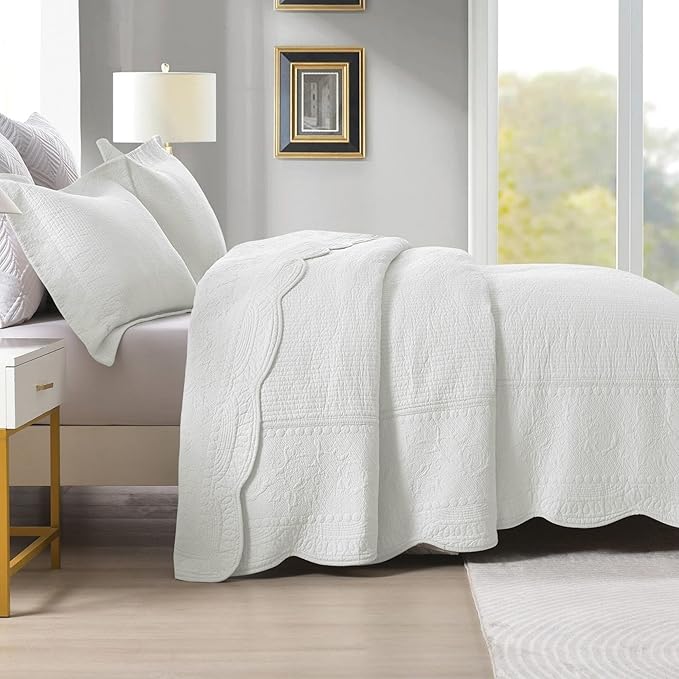 MarCielo 3-Piece 100% Cotton Oversized Bedspread Lightweight Quilt Coverlet Embroidery Farmhouse Bedding Set (TG Bright White, Oversized King (118"x106"))-Ruum Studio Home