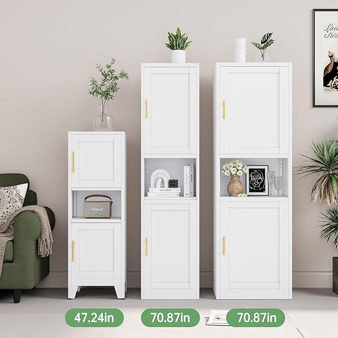 47.24" H Metal Narrow Bathroom Storage Cabinet Pantry Storage Cabinet, 2 Adjustable Shelves for Kitchen, Home Office, Living Room, Dinning Room (White)-Ruum Studio Home