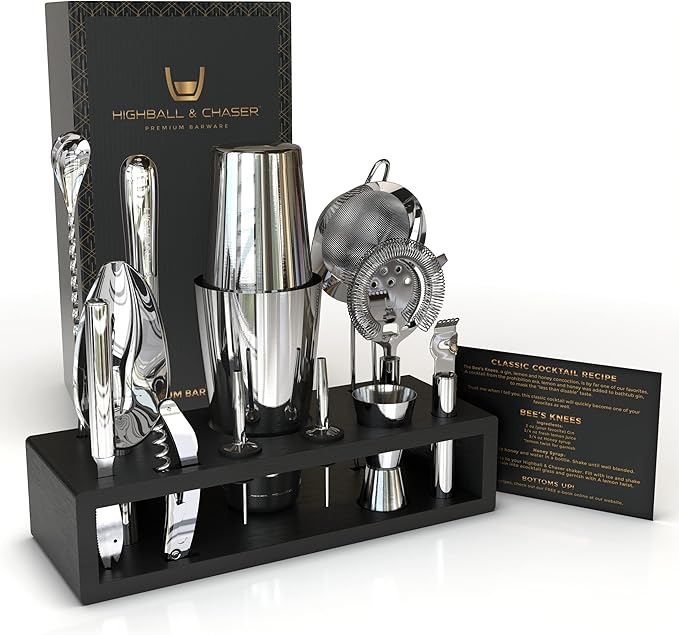 Highball & Chaser 13-Piece Boston Cocktail Shaker Set Stainless Steel Mixology Bartender Kit With Stand For Home Bar Cocktail Set | Laser Engraved Cocktail Tools | Plus E-Book with 30 Cocktail Recipes-Ruum Studio Home