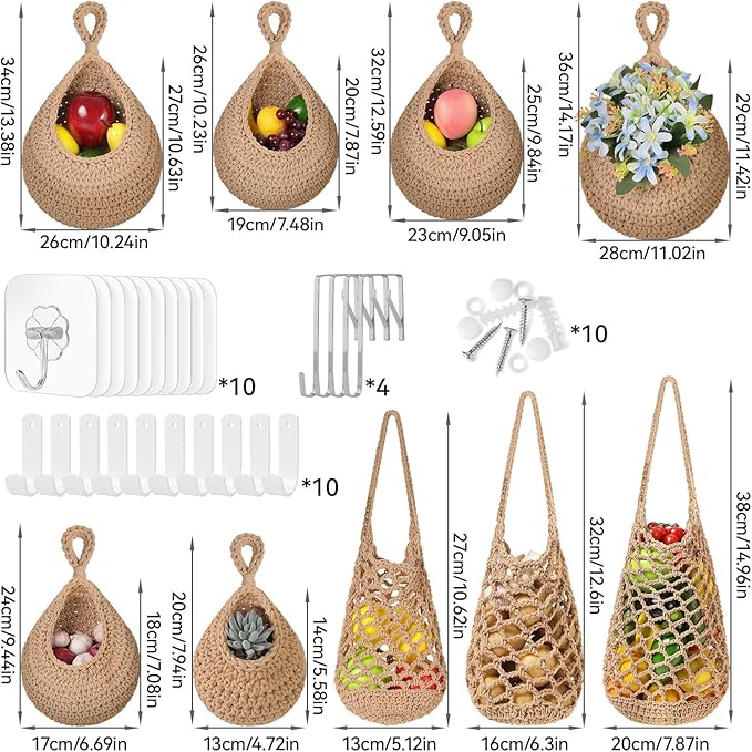 AARAINBOW Boho Wall Hanging Baskets for Kitchen Storage, Fruit Woven Wall Basket 9 Pcs, Hanging Vegetable and Onion Storage with 24 Hooks （Brown）-Ruum Studio Home