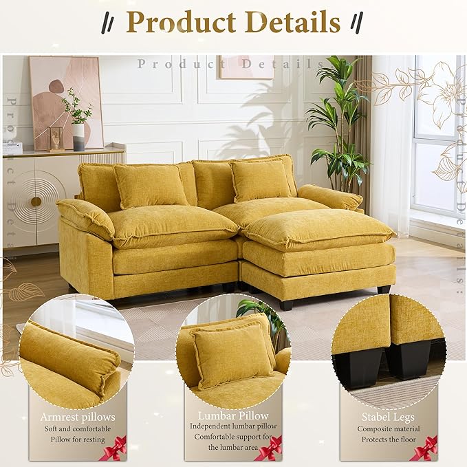 URRED Modular Sectional Sofa Comfy Cloud Couch, Modern Chenille Sofa Sleeper Deep Seat Couches with Ottoman/Pillows for Living Room (Yellow, 82.6''- L Shape)-Ruum Studio Home