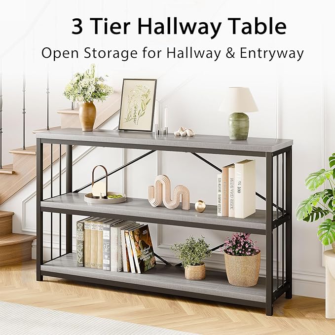 LVB Farmhouse Entryway Table, Metal Wood Console Table for Hallway, Industrial Rustic Sofa Table with 3-Tier Storage Shelf, Modern Entry Table for Foyer Front Home Living Room, Light Grey Oak, 47 inch-Ruum Studio Home