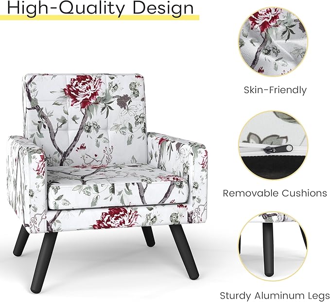 Kromax Mid-Century Modern Accent Chair for Living Room, 496 Lb. Weight Capacity, Dual Armrests, Comfy Extra Large Seat, Timeless Style Perfect for Reading & Relaxing, Red Floral-Ruum Studio Home