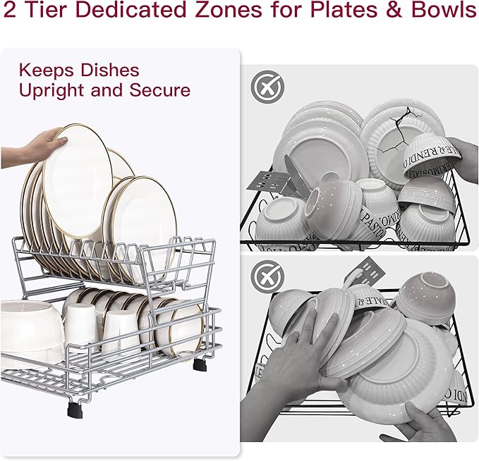 BOOSINY 2 Tier Red Large Stainless Steel Dish Drainers Drying Rack for Kitchen Counter with Drainboard, Rust Proof Metal, Space Saving, Modern Aesthetic, Compact Plates Strainers with Extra Mat-Ruum Studio Home