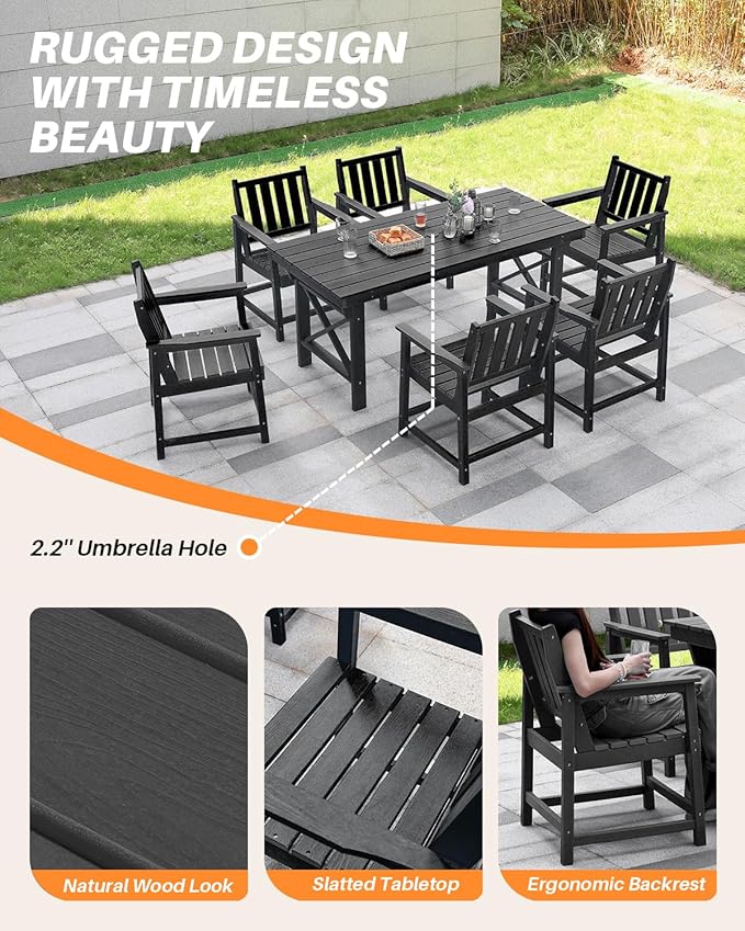 HDPE Patio Dining Set, 5-Piece Outdoor Table and Chairs with Umbrella Hole, Modern Outdoor Dining Set for 4, HDPE Outdoor Patio Furniture Dining Sets for Deck, Poolside, Porch, Obsidian-Ruum Studio Home