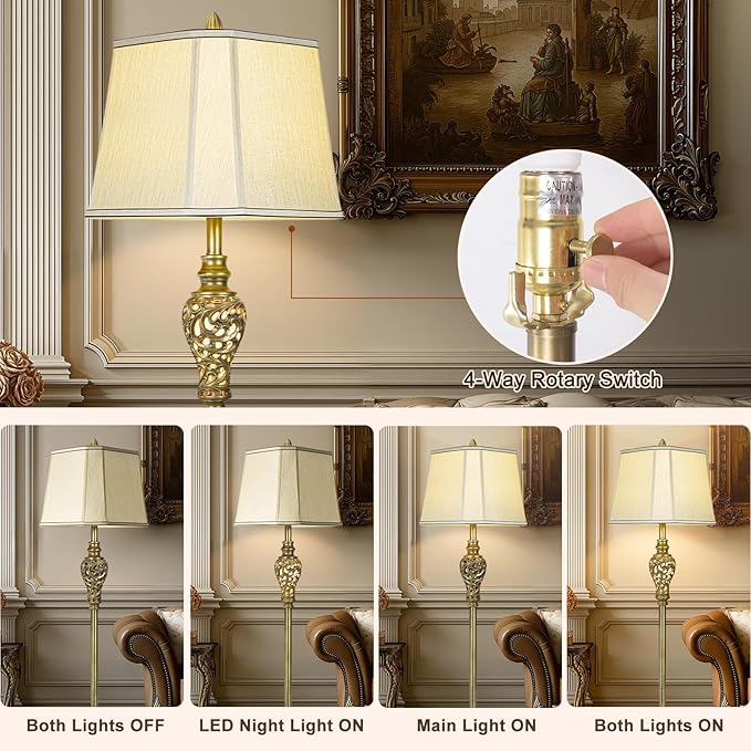 Vintage Floor Lamp for Living Room, 65" Tall Lamp with Nightlight and Beige Faux Silk Shade, Farmhouse Standing Lamp for Bedroom, Office Corner, or Study, Elegant Rustic Home Decor (LED Bulb Included)-Ruum Studio Home