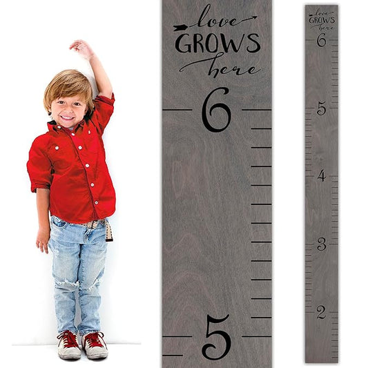 Wooden Growth Chart for Wall - Height Growth Chart for Kids, Kid Height Wall Chart, Height Measurement for Wall, Height Chart for Kids - Love Grows Here, Skinny Grey (63""x5.75"")-Ruum Studio Home
