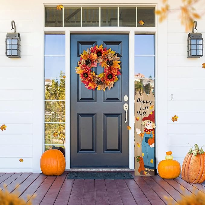 Glitzhome 24''D Fall Wreath with Hanger, Artificial Autumn Wreath for Front Door with Sunflower, Pinecone and Berry, Harvest Wreaths Decor for Indoor Outdoor Holiday Decoration-Ruum Studio Home