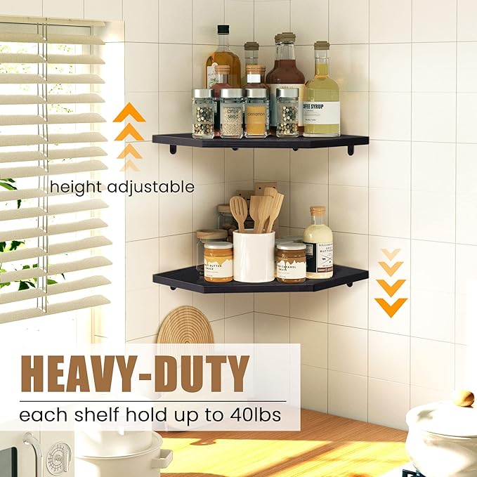 Corner Shelf Wall Mount, Floating Corner Shelves, Set of 4 Corner Wall Shelf Organizer, Rustic Wood Wall Storage Display Shelves for Living Room Bedroom Bathroom Kitchen, Classic Black-Ruum Studio Home