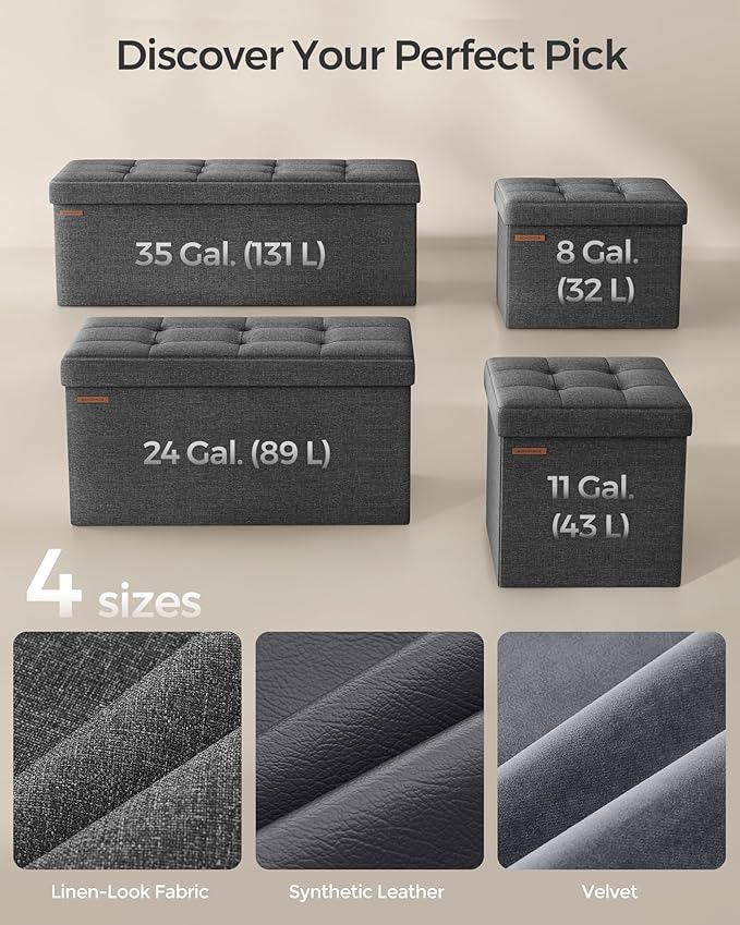 SONGMICS Folding Storage Ottoman Bench，38 x 38 x 38 cm， Ottoman Foot Rest, End of Bed Bench, Storage Chest, Load 300 kg, for Living Room, Bedroom, Entryway, Dorm, Dark Gray ULSF27Z-Ruum Studio Home