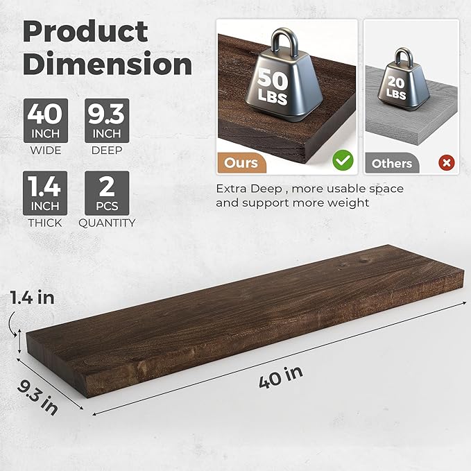 RICHFOCUS Elm Floating Shelves for Wall - 40" W x 9.3" D Rustic Solid Wood Shelves with Invisible Bracket, Wall-Mounted for Living Room, Bedroom, Kitchen Storage & Display, Set of 2, Walnut-Ruum Studio Home