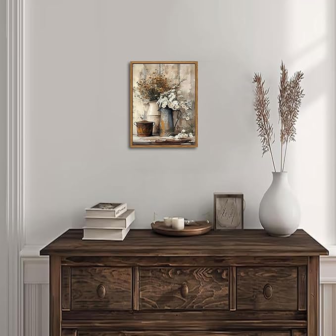 Floating Framed Farmhouse Vintage Canvas Wall Art, Country Floral Daisy Pictures Wall Decor, Wood Grain Art Paintings Poster for Living Room Bedroom Bathroom Rustic Decor 8x10 inch-Ruum Studio Home
