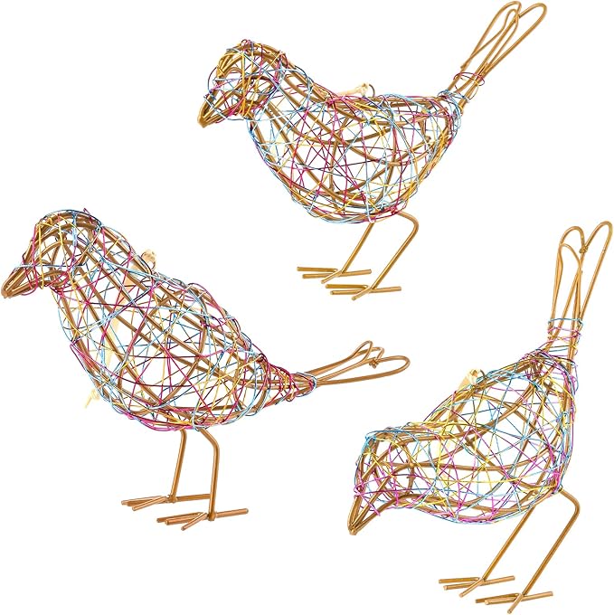 Modern Table Decor Set of 3 - Handmade Metal Bird Sculptures with Colorful Wire Weaving, Multi-Pose Rustic Home Accent & Christmas Tree Ornaments-Ruum Studio Home