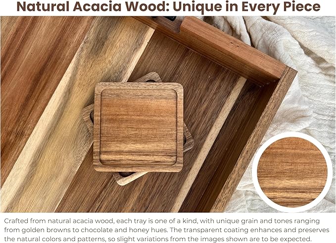Acacia Wooden Ottoman Tray for Living Room – 21" Large Coffee Table Serving Tray with Handles & 6 Coasters Set, Perfect for Food, Drinks, Kitchen, and Home Decor-Ruum Studio Home
