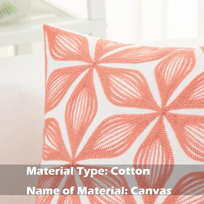 HWY 50 Coral Pink Decorative Throw Pillow Covers 18x18 Inch (1 Piece), Embroidered Cotton Farmhouse Cushion Cover Pillow Case for Sofa Couch Living Room Bed, Fashion Geometric-Ruum Studio Home