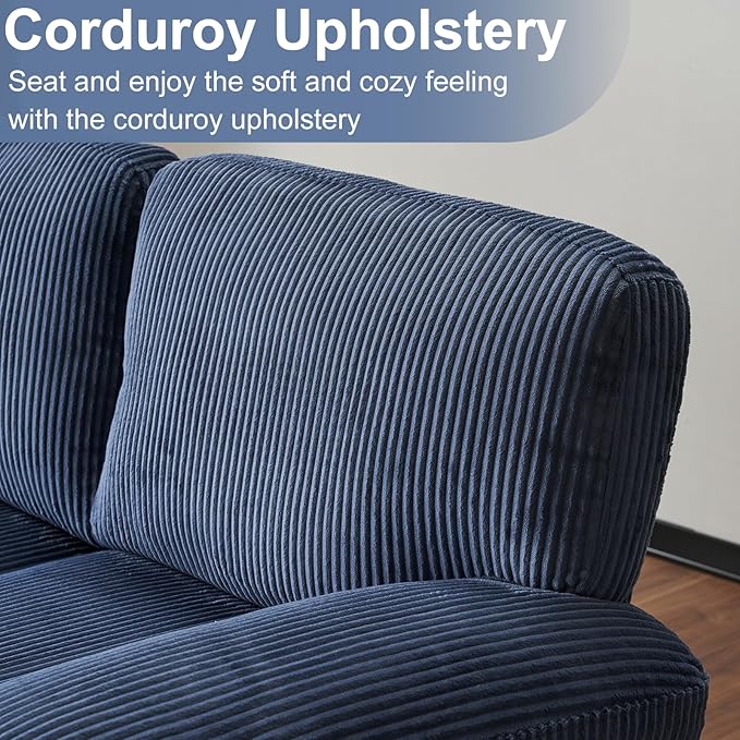 Karl home U-Shape Sectional Sofa Couch 111" Modern 4-Seat Sofa with Chaises Corduroy Fabric Upholstered Covertible Couch with Wood Grain Legs for Living Room, Reception Room, Apartment, Navy Blue-Ruum Studio Home