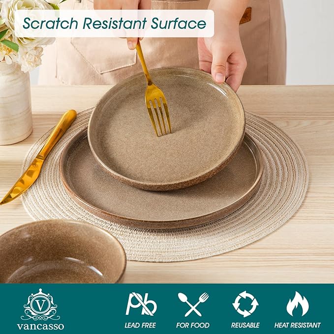 vancasso ANYA 18 Pieces Plates and Bowls Set, Caramel Dinnerware Sets, Reactive Glaze Dishes Set for 6, Ceramic Dishware Sets Kitchen Dinner Set, Microwave & Dishwasher Safe-Ruum Studio Home