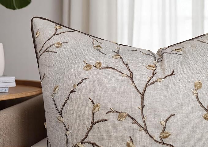 VAGMINE Embroidered Pussy Willow Throw Pillow Cover - 18x18 Inches Square - 100% Linen Natural Decorative Cushion Cover - Floral Embroidery - Cozy Farmhouse & Boho Accent for Sofa, Couch, Bedroom-Ruum Studio Home