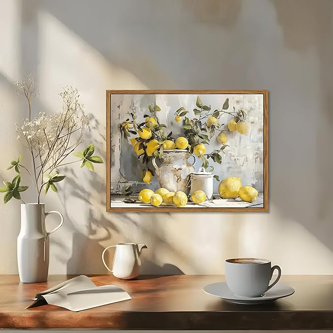 Framed Lemon Kitchen Wall Decor for Dining Room - Vintage Mustard French's Yellow Lemon Kitchen Wall Art, Rustic Oil Paintings Posters Prints for Bathroom Living Room Bedroom 12x16 inch-Ruum Studio Home