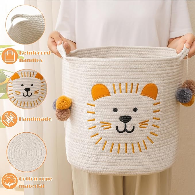 Large Blanket Baskets for Living Room Decor, Toy Storage Baskets Woven Cotton Rope Animal Storage Basket for Kids, Dog Toys Organizer Clothes Hamper with Embroidery Decor for Nursery (Large, Lion)-Ruum Studio Home