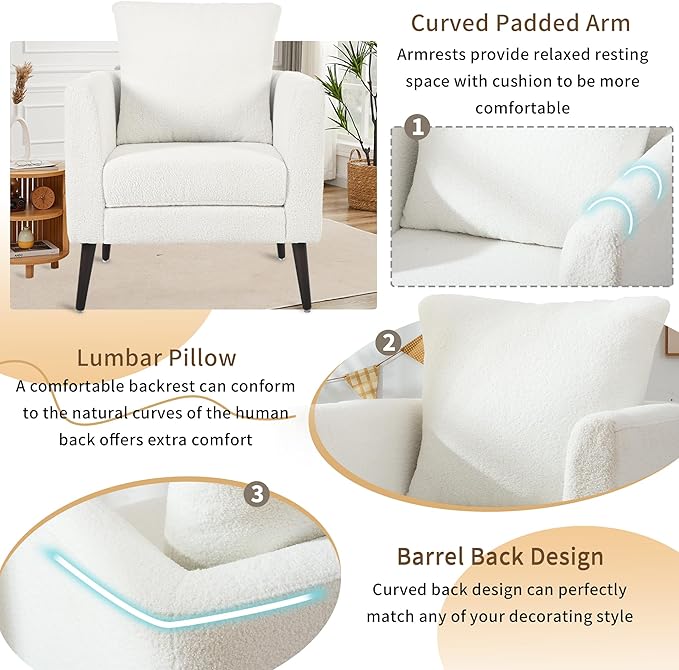 Barrel Accent Chair with Back Pillow, Large Teddy Upholstered Armchair with Solid Wood Legs Modern Reading Chairs for Living Room Bedroom-Ruum Studio Home