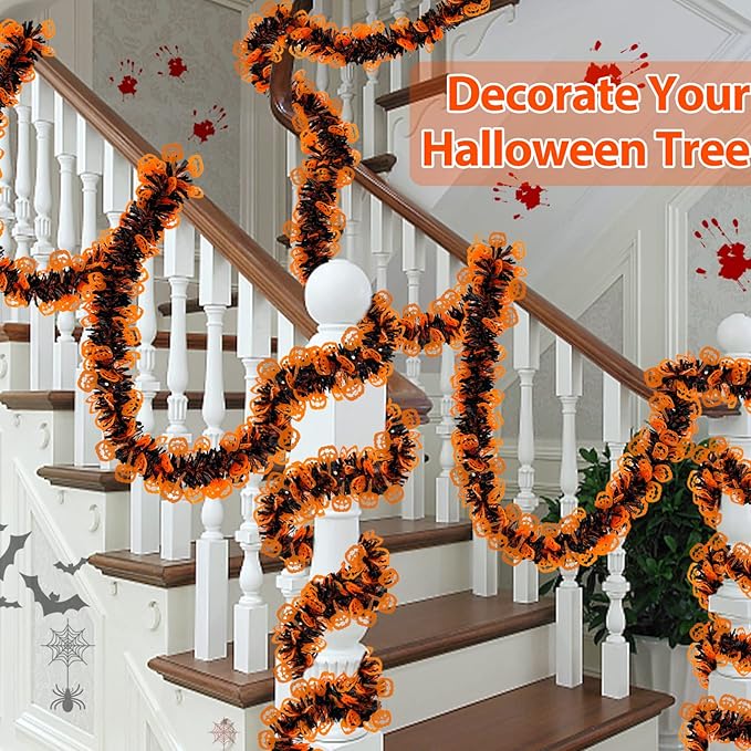 TURNMEON 2 Pack Halloween Garland Total 66 Ft Halloween Tinsel Garland with Black Orange Pumpkin Metallic Twist Black Tinsel Garlands Outdoor Halloweens Decorations Indoor for Home Mantle Door Tree-Ruum Studio Home