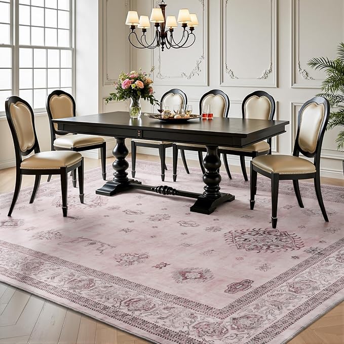 AMOAMI-Vintage Area Rug 8X10 Pink Rugs for Living Room-Soft Living Room Rug Non Slip Rugs for Bedroom Carpet Machine Washable Rug for Dining Room Bedside Office Room Decor-Ruum Studio Home