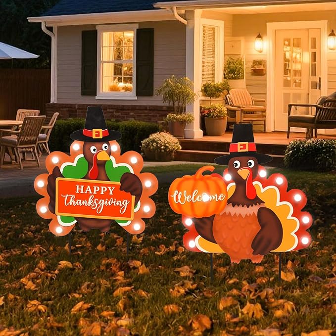 2 PCS Fall Decorations Outdoor Metal Happy Thanksgiving Decorative Garden Stakes with Led Light Welcome Pumpkin Turkey Yard Signs Fall Harvest Lawn Garden Lawn Pathway Decor-Ruum Studio Home