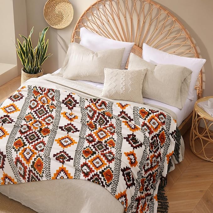 CASAAGUSTO Boho Throw Blanket - Orange and Green Decorative Blankets with Tassel, Printed Flannel Bohemian Blanket for Chair, Bed, Sofa, Couch(60 * 80, Orange and Green)-Ruum Studio Home
