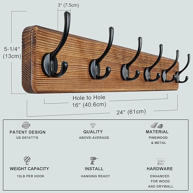 Dseap Wall Mounted Coat Rack: 24" Long, Patented, Heavy-Duty, 6-Double-Hooks Wooden Hanger Rail for Winter Coats, Hat, Jacket, Clothing - Natural & Black, Pack of 2-Ruum Studio Home