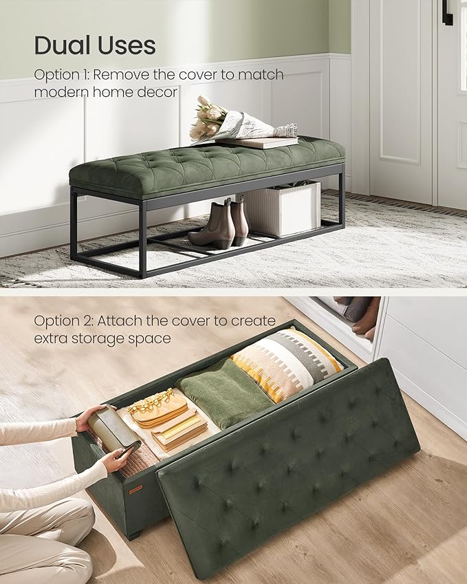 SONGMICS Velvet Storage Ottoman Bench, Foot Rest with Legs, 15.7 x 43 x 15.7 Inches, End of Bed Bench, Storage Chest, Load up to 660 lb, for Living Room, Bedroom, Entryway, Forest Green ULSF089C01-Ruum Studio Home