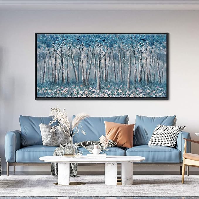 DUNHUANG ART Blue Tree Canvas Wall Art - Large Size Teal Abstract Painting for Home Office Living Room Bedroom Bathroom - Black Framed - Wall Decor Living Room 20"x40"-Ruum Studio Home