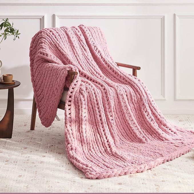 Chunky Knit Throw Blanket, 60''*80'' Knitted Throw Chenille Yarn for Bed Couch, Handmade Light Pink Crochet Big Thick Blanket, Machine Washable Cute Comfy Blanket for Home Decor-Ruum Studio Home