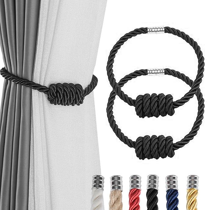 Fenghuangwu 2Pack Magnetic Curtain Tiebacks – Bohemian Style Handmade Woven Tie-Backs for Drapes,Elegant Exquisite Knot Holdbacks,Outdoor Boho & Modern Home Decor（Black-Ruum Studio Home