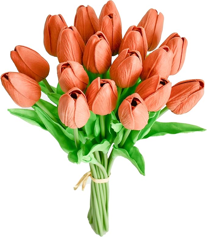Mandy's Artificial Tulips 20 Stems Terracotta PU Faux Flowers for Wedding Home Decor 13.5 Inch-Ruum Studio Home