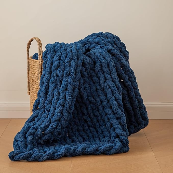 WESHIONGOO Chunky Knit Blanket Throw 40"*40" Knitted Throw Blankets for Couch Bed Fluffy Soft Blanket with Jumbo Chenille Yarn Thick 100% Handmade(Navy Blue)-Ruum Studio Home