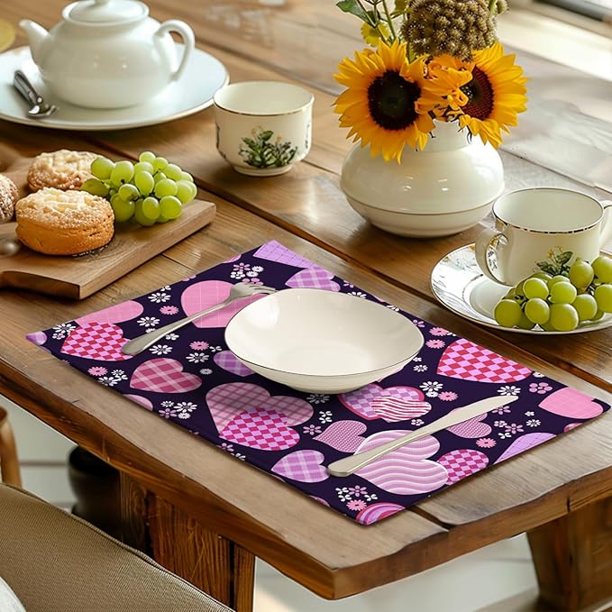 Pink Love Hearts Valentine's Day Placemats Set of 4 Seasonal Valentines Anniversary Wedding Linen Table Mats Pink Black Washable Place Mats for Party Kitchen Dining Outdoor Indoor Decor 12x18 Inch-Ruum Studio Home