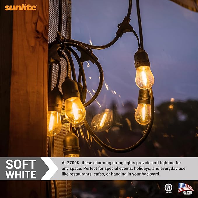 Sunlite 80571 24ft Outdoor String Lights, 1.5W Commercial Grade, Waterproof, Linkable Strands, UL Listed, 7 Hanging Sockets, Shatterproof LED Edison Bulbs Included, 2700K Warm White-Ruum Studio Home