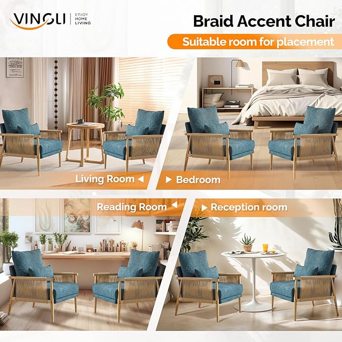 VINGLI Boho Braid Accent Armchairs Set of 2,Mid-Century Modern Chiars with Solid Wooden Armrest,Comfy Louge Cushion Chairs with Waist Pillow for Bedroom,Living Room,Reading Room, Teal-Ruum Studio Home