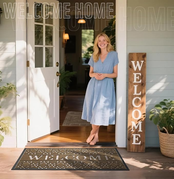 Yimobra Welcome Mat Outdoor Indoor, All-Season Waterproof Front Door Mat Outside Entrance, All-Weather Heavy Duty Non-Slip Doormat, Low Profile Porch Patio Entrance Mats, 47x24, Coffee-Ruum Studio Home