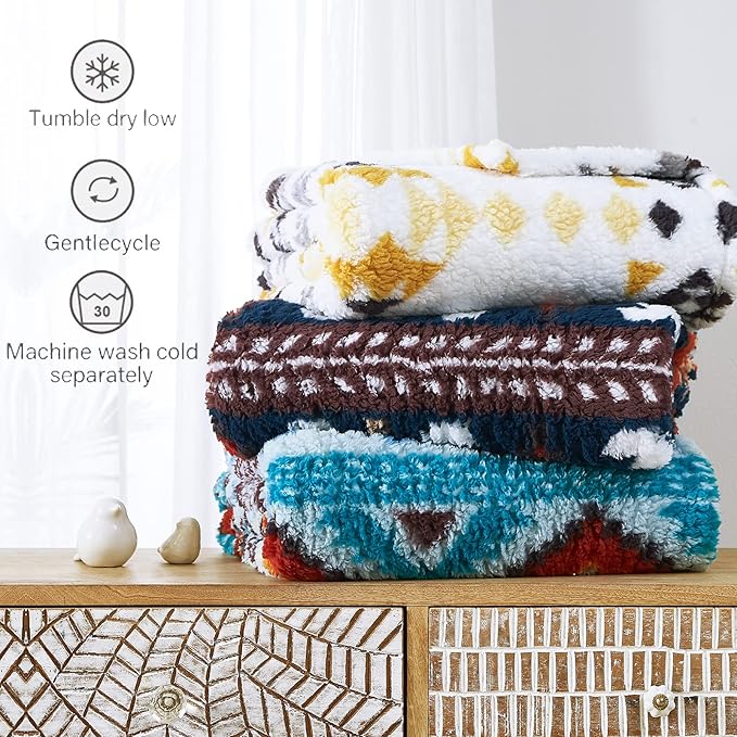 CASAAGUSTO Boho Sherpa Blanket, Aztec Twin Blanket, Ultra Soft, Warm, Cozy, Plush, Thick Fleece Western Blanket for Couch, Bed, Sofa (Navy Blue 60 * 80 Inch)-Ruum Studio Home
