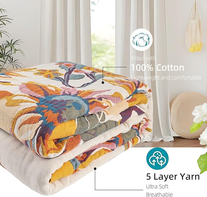 Boho Throw Blanket for Bed - 100% Pure Organic Cotton Ultra Soft Rustic Quilt - Farmhouse Decor Bed Blankets, All Season Rustic Throw for Sofa Couch Chair(91''x 98'', Floral)-Ruum Studio Home