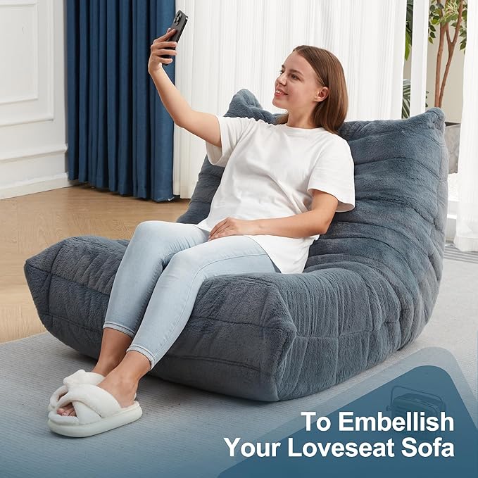 Bean Bag Chairs for Adults Giant Bean Bag Chair Memory Foam BeanBag Chair Big Bean Bag Sofa with Filler Faux Fur Fireside Beanbags Lazy Sofa for Living Room Bedroom Dorm Office (Bluegrey Plush)-Ruum Studio Home